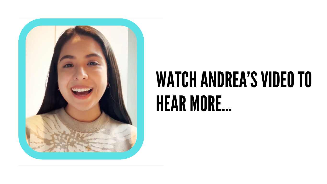 A student named Andrea with long dark hair is smiling in a turquoise rounded frame. To the right, bold black text reads, 